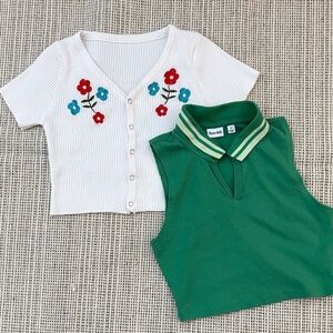 White Floral Embroidered cropped Shirt and Green cropped Sleeveless Top